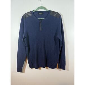 The Kooples Navy Blue Cotton Leather Henley Long Sleeve Pullover Sweater Size S